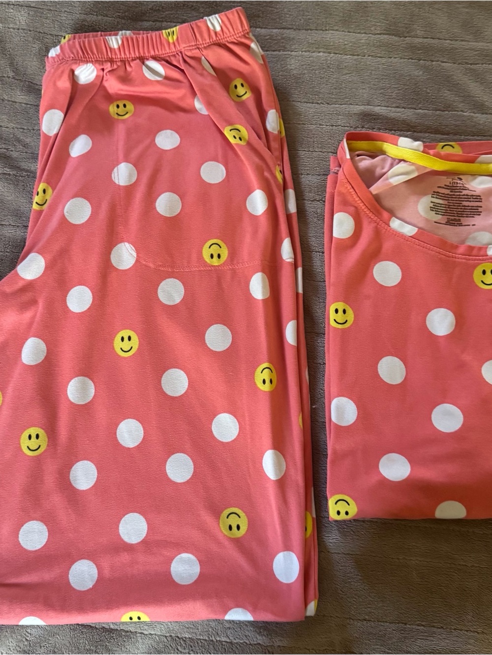Ladies Coral Pink Polka Dot & Smiley Pajama Set